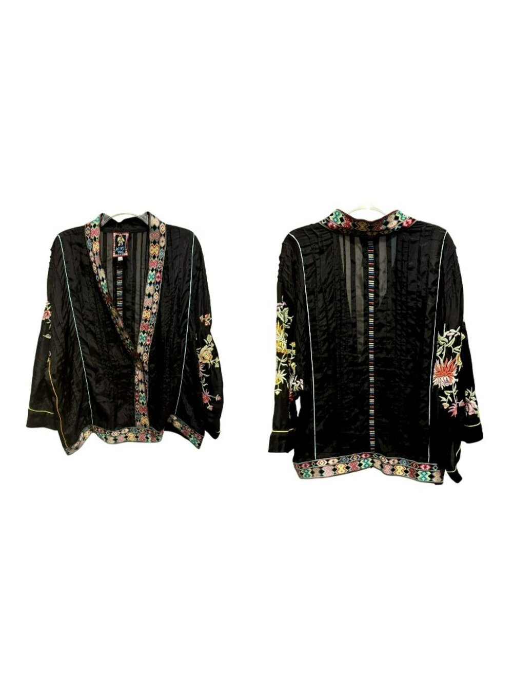 Johnny Was Eno Boho Black Embroidered Silk Pintuck Kimono Jacket Sz L $585